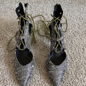 Paper Fox Size 9 Women's Black and Gold Lace-Up Heels